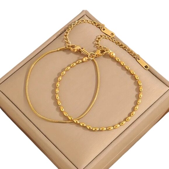 New 2 Pc Gold Stainless Round Snake Chain & Round Bead Chain - Picture 1 of 5